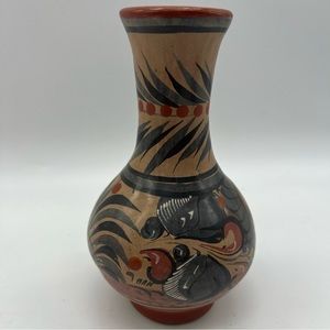 Mexican Made Tonala Vase Foral Coral Gray Color Artisan Ethnic Handmade Painted